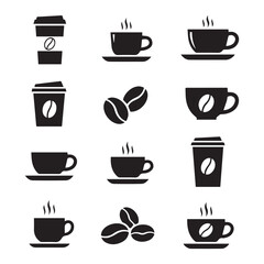 Obraz premium Coffee Cups and Beans Icons Set – Cafe and Beverage Symbols