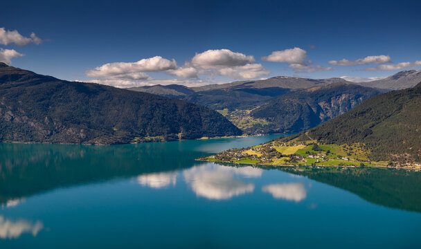drone view of the idyllic Lustrafjorden fjord in Vestland county of Norway