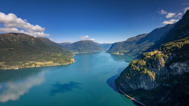 drone view of the idyllic Lustrafjorden fjord in Vestland county of Norway