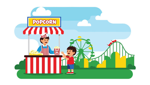 Flat vector illustration of a kid buying popcorn at a theme park snack kiosk with clear menu icons, queue ropes, benches, balloons and open copy space. Solid colors, no gradients
