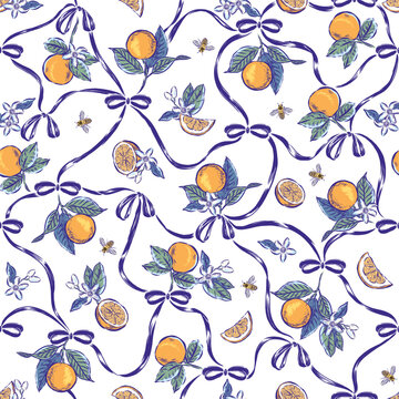 Seamless pattern of oranges and ribbons, perfect for decorating and using on textiles. You can edit the shape and background.