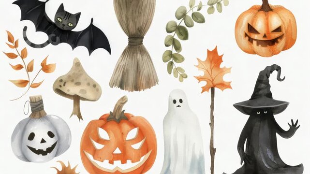 Video A collection of Halloween-themed items including bats, pumpkins, and brooms