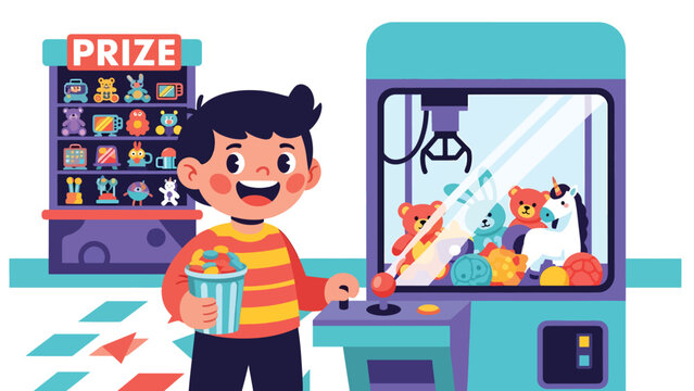 Flat vector illustration of a kid playing a claw machine in a theme park arcade, holding tokens, aiming for plush prizes, with signs and patterned floor. Solid colors, no gradients
