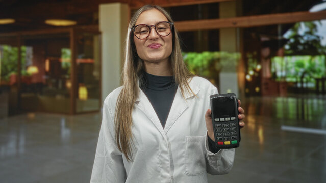Woman holds card reader in building lobby smiling while presenting payment terminal; friendly service.