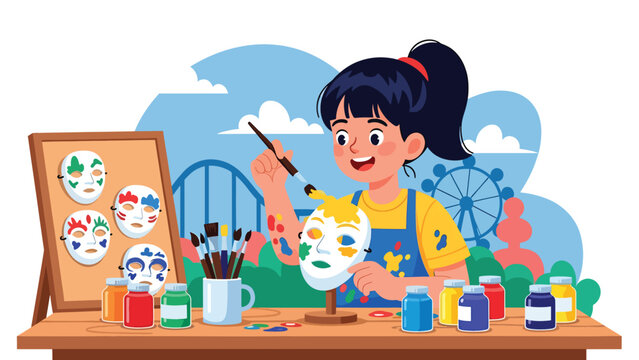 Flat vector illustration of a kid painting a craft mask at a theme park workshop booth with paint jars, brushes, sample board, bunting and tidy table setup. Solid colors, no gradients
