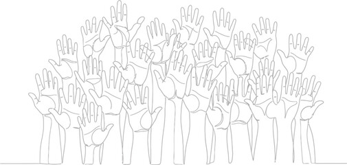 Obraz premium A crowd of many hands reaching upwards, symbolizing a call for action, voting, or seeking assistance. Abstract illustration of unity and support.