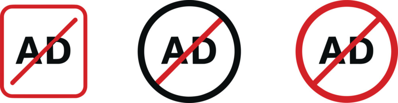 No Ads prohibited symbol icon set with crossed advertising sign for ad blocker privacy and digital design