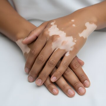 Close-up of human hands with vitiligo skin pigmentation patches resting on a white surface