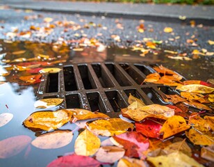 Clogged Street Drain Surrounded by Dead Leaves