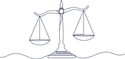 Scales of justice in a continuous line drawing style, symbolizing law, balance, and fairness. Minimalist illustration for legal concepts and judiciary themes.