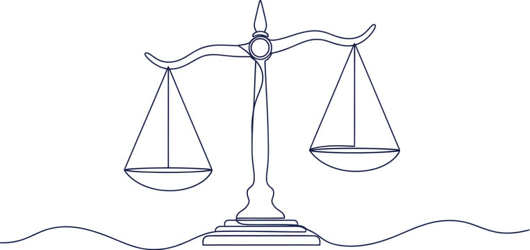 Scales of justice in a continuous line drawing style, symbolizing law, balance, and fairness. Minimalist illustration for legal concepts and judiciary themes.
