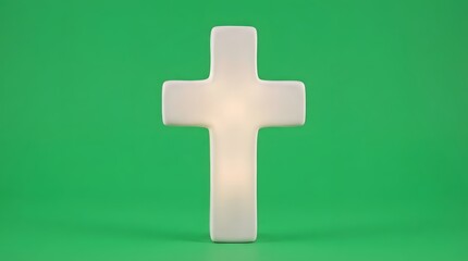 Obraz premium White illuminated cross on a green background. Symbol of Christianity and religion. Concept for Easter and spiritual themes.