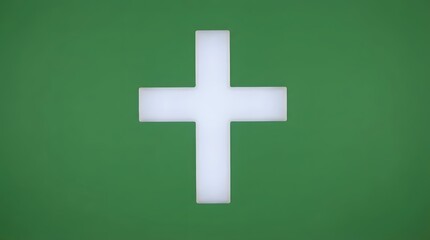 Obraz premium White christian cross symbol on a green background. Religious sign of faith, Christianity, and spirituality for Easter or church events.