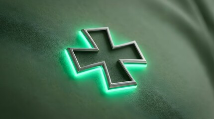 Fototapeta premium Green glowing metal cross symbol on a textured surface. Modern religious spirituality and catholic faith concept. Icon for church or Easter holiday.