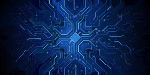 Obraz premium Abstract blue circuit board design with glowing lines and central diamond
