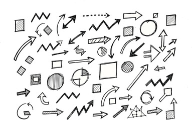 Fototapeta premium A dynamic collection of sketchy arrows, circles, squares, and zigzags in black and white, ideal for creative projects and annotations.