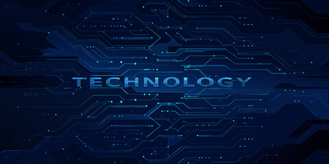 Abstract technology background with glowing blue circuit board pattern and text