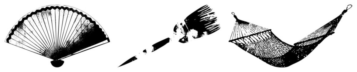 Vintage Fan, Paintbrush, and Hammock Vector Silhouettes in Halftone Style