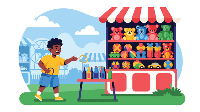 Flat vector illustration of a kid playing ring toss at a carnival game stall with striped canopy, prize shelves, ticket counter and round bulb lights. Solid colors, no gradients