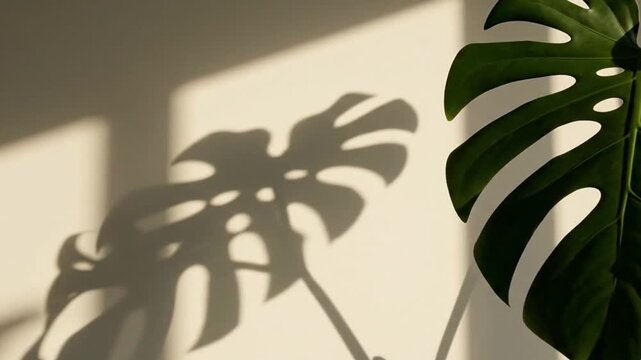A vibrant green tropical plant leaf catches natural light, casting dynamic, intricate shadows on a warm, neutral wall. This serene, minimalist scene evokes tranquility, growth, and natural beauty, per