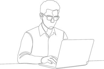 Single line drawing of a focused man wearing glasses, typing on a laptop, representing work, study, or technology use.