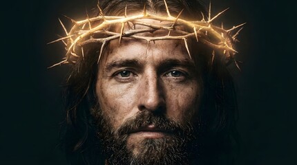 Fototapeta premium Man with crown of thorns close up. Jesus Christ face with beard. Christianity and suffering concept for Easter and Lent.