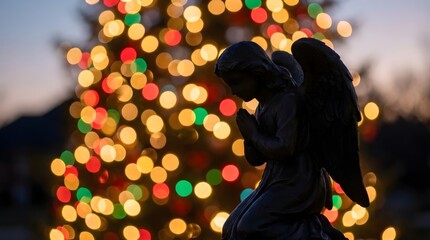 Fototapeta premium Angel sculpture kneeling in prayer with twinkling Christmas tree lights bokeh in background. Religious holiday concept for Christmas.