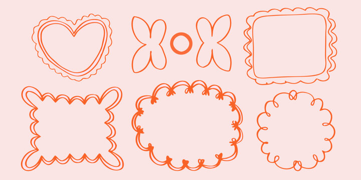 Collection of hand drawn doodle style frames and shapes in reddish pink