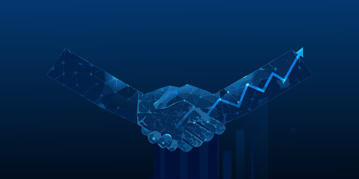 Digital handshake with rising graph and data visualization representing partnership