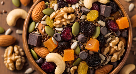Nuts, dried fruits, and seeds in a wooden bowl.