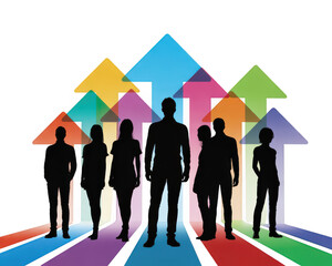 Fototapeta premium Group of faceless silhouettes standing with colorful upward arrows behind them... isolated on a transparent background