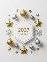 Obraz premium Elegant festive arrangement of gold and silver christmas ornaments with snowflakes and stars for new year celebration 2027