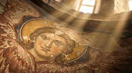 Fototapeta premium Ancient fresco of a male angel with a halo in an old church. Religious art and history concept for Christian themes.