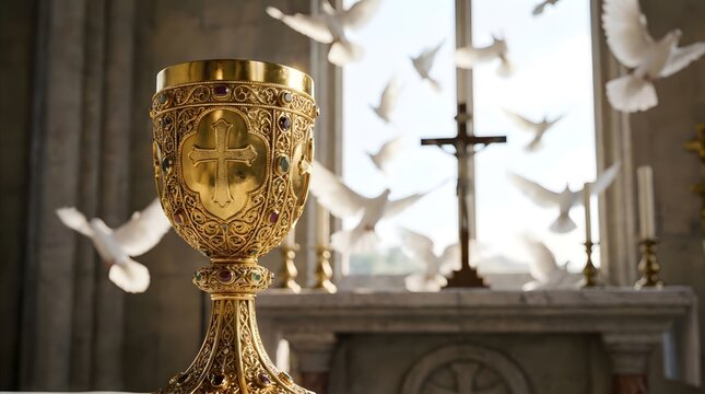 Ornate golden chalice with jewel detail and cross symbol in a church. Eucharistic celebration, Holy Communion, and religious offering concept. - Powered by Adobe