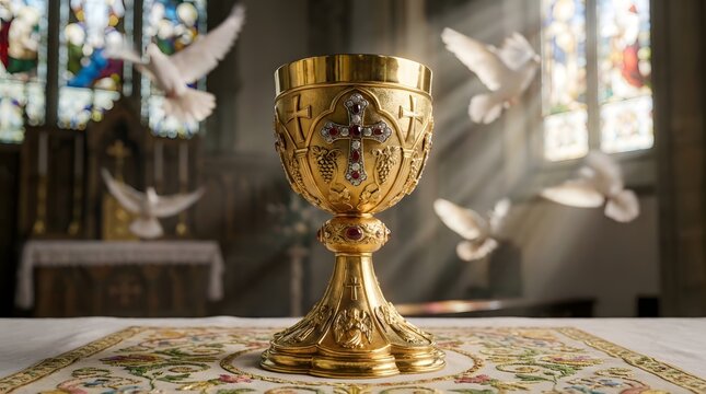 Golden chalice with ruby cross on altar in church, doves flying for Holy Communion sacrament, spiritual worship concept.
