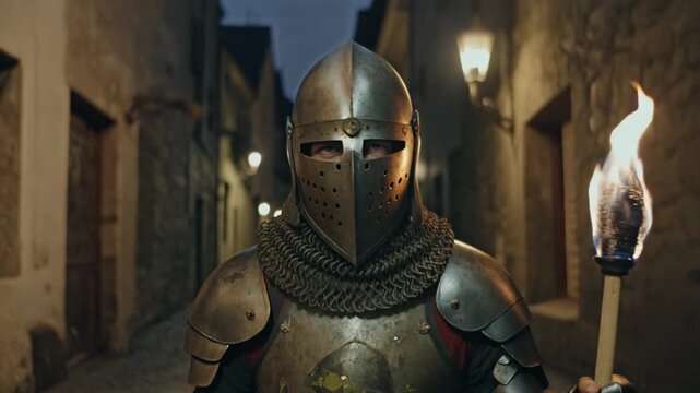A knight in full armor holds a torch in an old town street, his serious gaze suggests a mission of utmost importance.