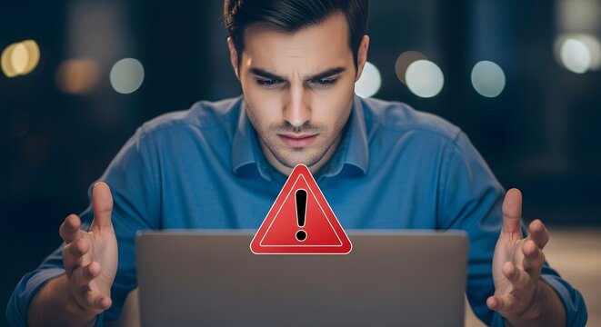 Man error warning laptop problem computer alert exclamation point attention frustrated user online issue