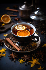 A cup of hot spiced tea with orange and lemon slices. Cozy autumn winter drink with cinnamon and star anise. Aromatic herbal beverage on a dark background