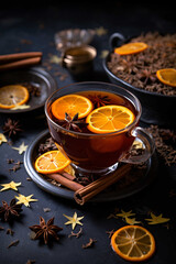 Hot spiced tea with orange and cinnamon in a glass cup. Cozy autumn or winter drink with star anise on a dark rustic table. Warm and comforting beverage concept