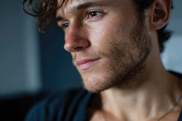 Obraz premium A contemplative young man gazes off to the side, captured in a thoughtful moment, revealing the depth of his character and a sense of introspection in a candid style.