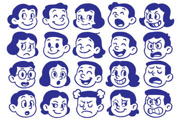 Fototapeta premium set of cartoon faces, Retro Cartoon Face Drawing Set – Black & White Animation Art