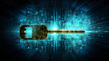Golden digital key on a glowing blue circuit board background. Cybersecurity, encryption, and network access concept