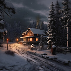 Cozy wooden house in a snowy winter forest at night. Warm light glowing from a cabin on a cold evening. Christmas holiday home in a remote landscape