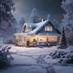 Cozy house covered in snow and decorated with Christmas lights at night. Festive winter wonderland scene with a glowing home in a snowy forest. Holiday season concept