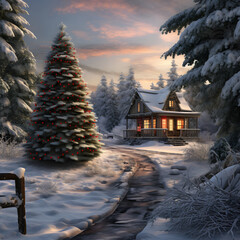 Festive Christmas scene with a decorated tree and cozy cabin in a snowy winter forest. Warmly lit house in an idyllic holiday landscape at dusk