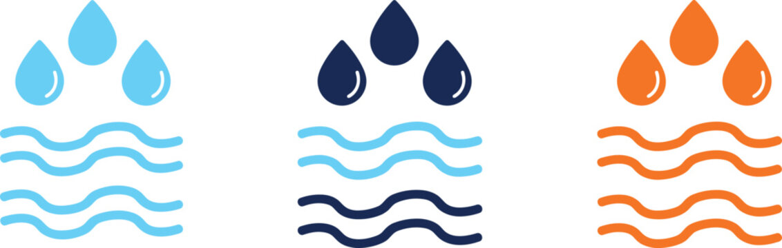 Water drop and wave icon set in flat style for weather humidity and environment design