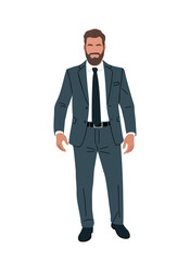 Obraz premium Clean line and color illustration of a man in a dark suit and tie, professional, corporate, and modern minimalist style on transparent background.