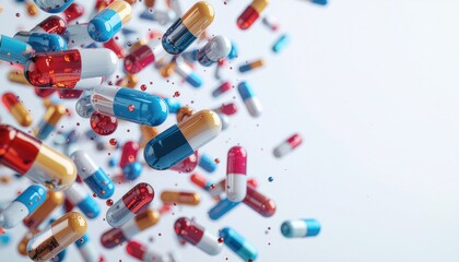 Scattered collection of colorful capsules and pills in red blue and white tones on a bright background, cutout on alpha channel