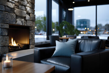 Obraz premium A sophisticated lounge setting featuring a stylish armchair next to a glowing fireplace, set against a backdrop of large windows, perfect for a peaceful retreat and intimate gatherings.
