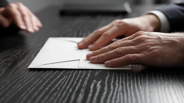 Envelope sliding across desk. Close-up of an envelope being slid smoothly across a desk toward another waiting hand, capturing a quiet exchange.